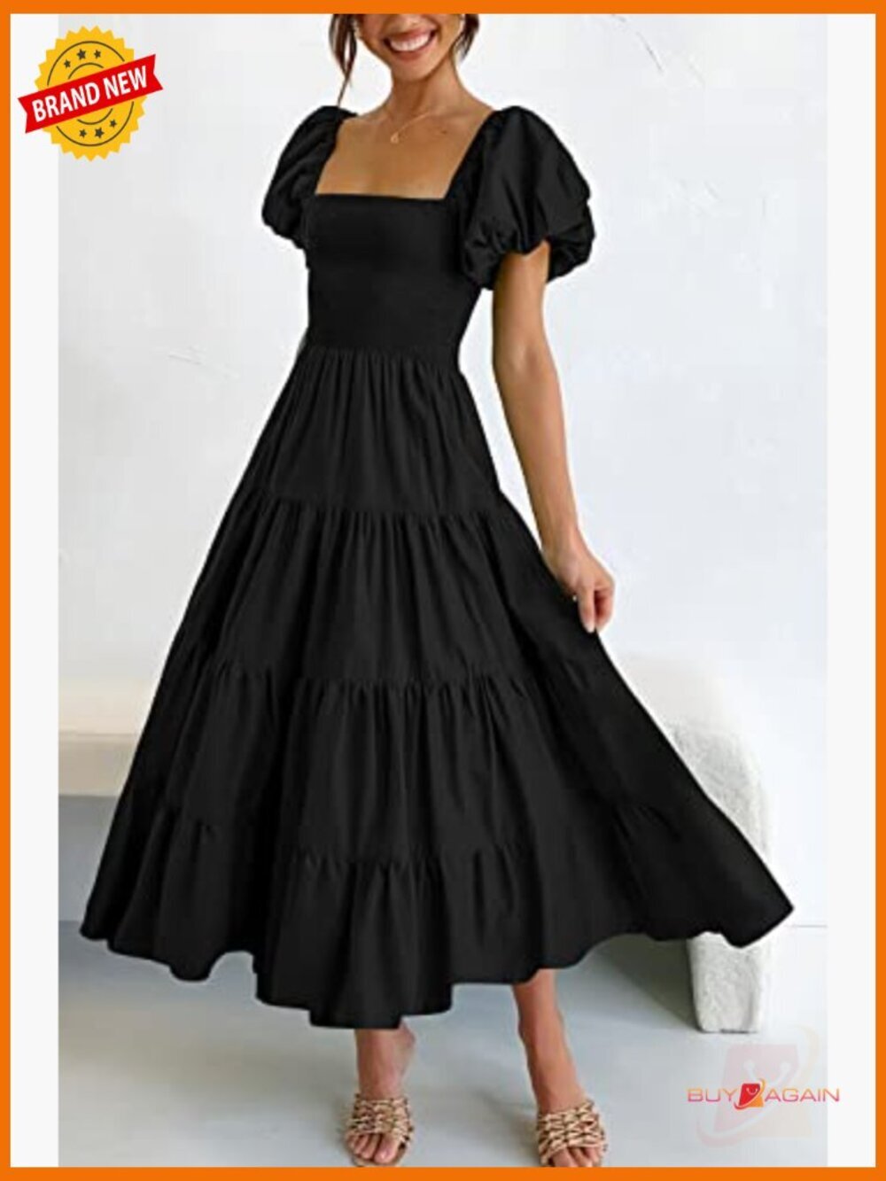 Smocked Midi Dress Puffy Short Sleeve Square Neck Tiered Ruffle A-Line Fit Flare - Picture 2 of 6